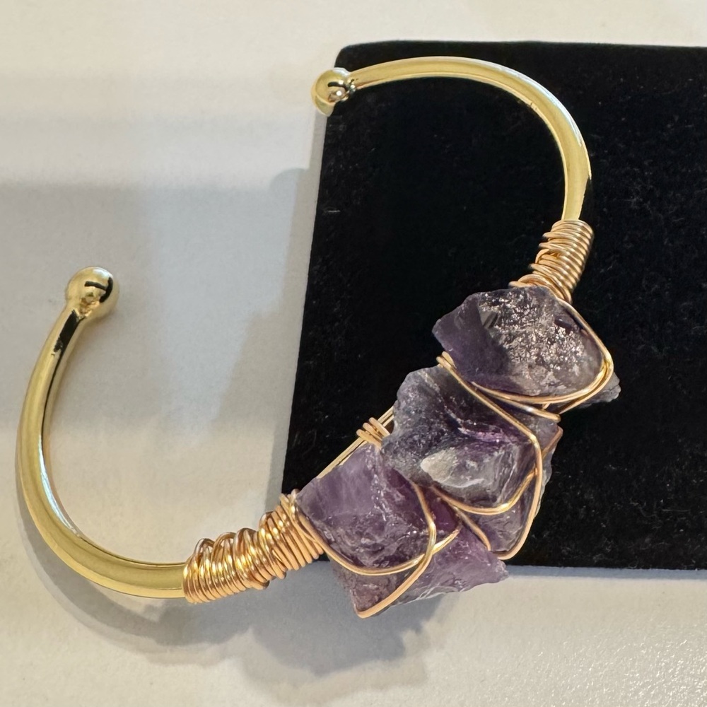 Amethyst All Natural Semi-Precious Gemstones Cuff Bracelet 18kt Gold Overlay - Picture 3 of 5
